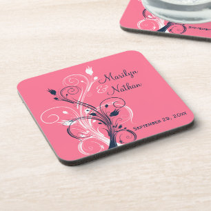 Navy Pink White Floral Wedding Coaster Set (6)