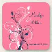 Navy Pink White Floral Wedding Coaster Set (6) (Front)