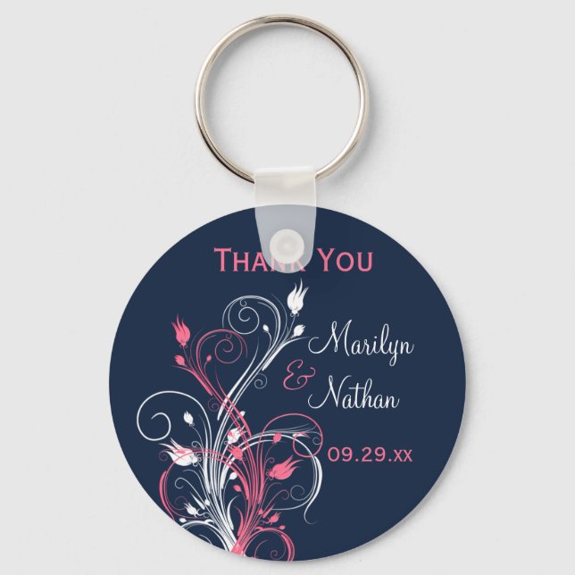 Navy Pink White Floral Wedding Favor Key Chain (Front)