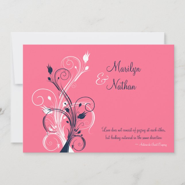 Navy, Pink, White Floral Wedding Invitation (Front)