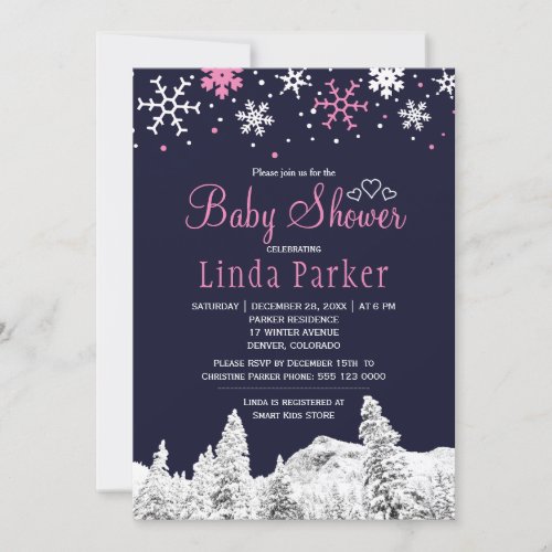 Navy pink white wonderland winter baby shower invitation