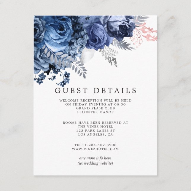 Navy & Pink with Silver Foil Wedding Guest Details Enclosure Card (Front)