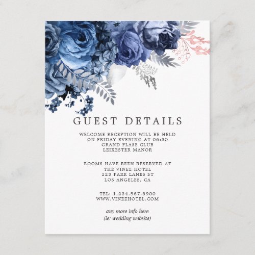 Navy  Pink with Silver Foil Wedding Guest Details Enclosure Card
