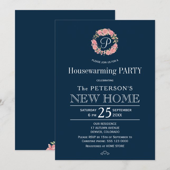 Navy pink wreath monogrammed housewarming party invitation (Front/Back)