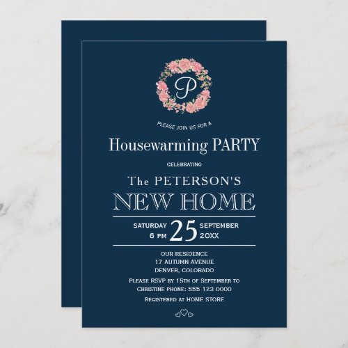 Navy pink wreath monogrammed housewarming party invitation