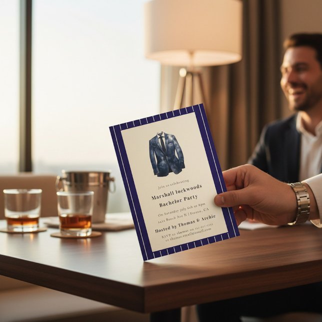 Navy Pinstripe Suit Bachelor Party Invitation (Creator Uploaded)
