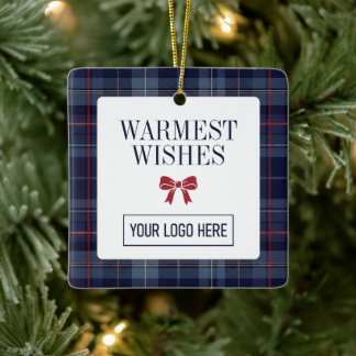 Navy Plaid Corporate Holiday Ceramic Ornament