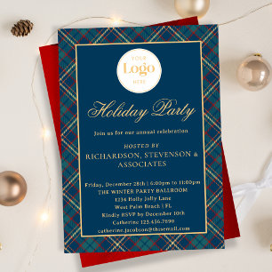 Navy Plaid Custom Logo Corporate Holiday Party Invitation