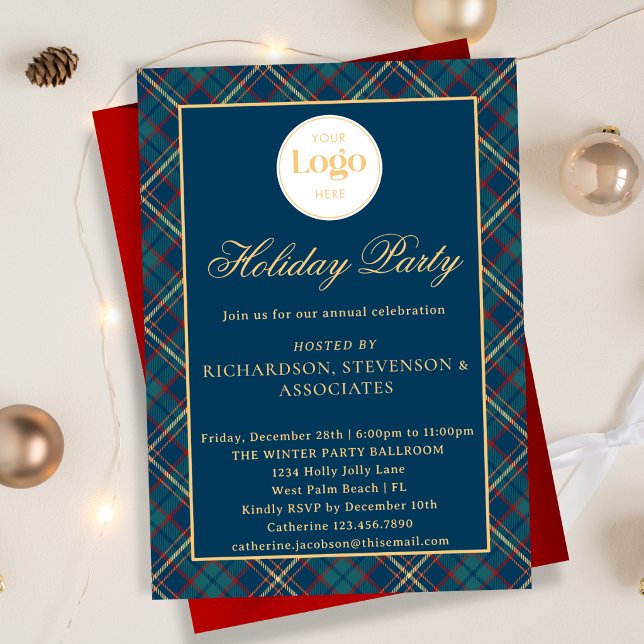 Navy Plaid Custom Logo Corporate Holiday Party Invitation (Creator Uploaded)