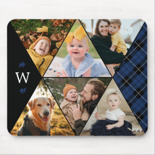 Navy Plaid Geometric Photo Collage Monogram Mouse Pad