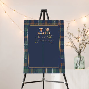 Navy Plaid Teddy Bear Gender Reveal Voting Sign 
