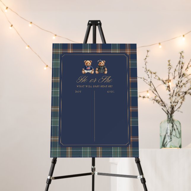 Navy Plaid Teddy Bear Gender Reveal Voting Sign  (In Situ (Stand))