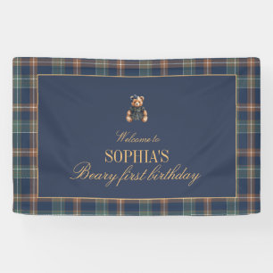Navy Plaid Teddy Bear Girl Birthday Banner 