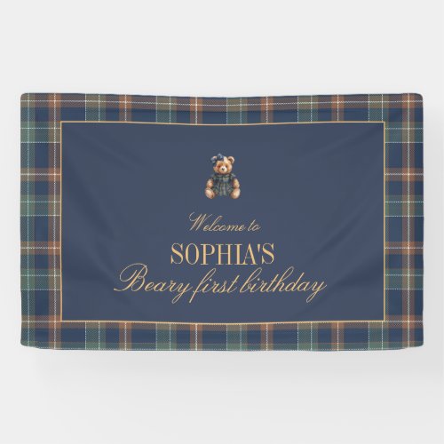 Navy Plaid Teddy Bear Girl Birthday Banner 