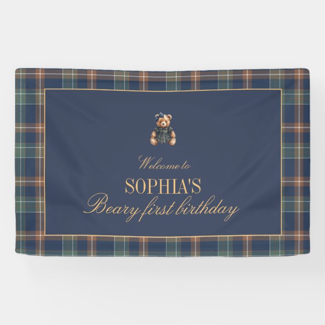 Navy Plaid Teddy Bear Girl Birthday Banner  (Horizontal)