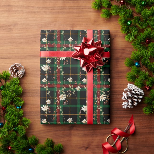 Navy Plaid Wildflower Floral Christmas  Wrapping Paper (Holiday Gift)