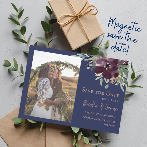 Navy Plum Blush Floral Wedding Photo Save the Date Magnetic Invitation
