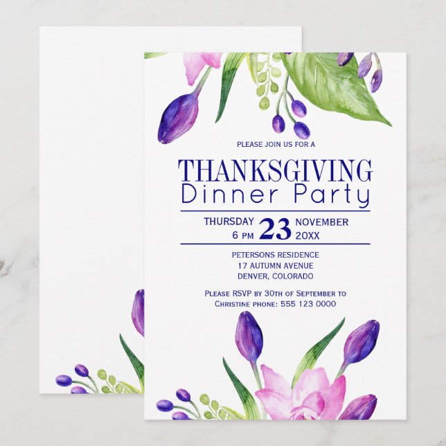 Navy plum classy elegant floral thanksgiving party invitation (Front/Back)