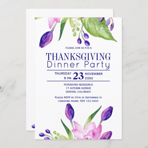 Navy plum classy elegant floral thanksgiving party invitation