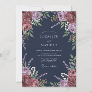 Navy Plum Floral Romantic Wedding Invitation