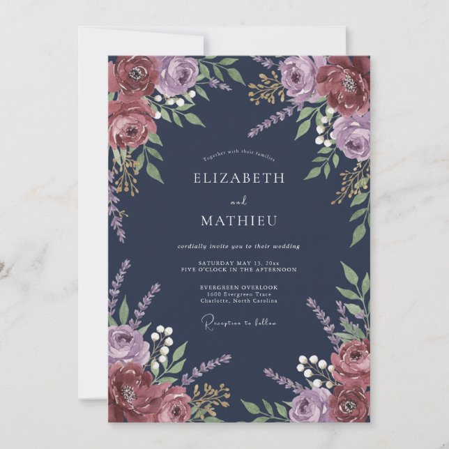 Navy Plum Floral Romantic Wedding Invitation (Front)