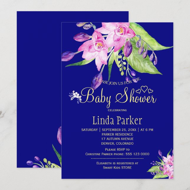 Navy plum summer floral watercolor baby shower invitation (Front/Back)