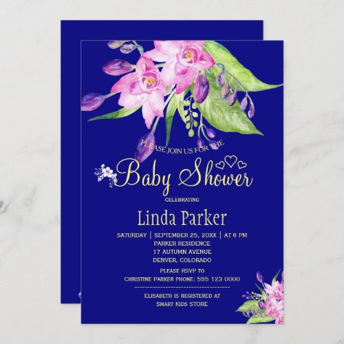 Navy plum summer floral watercolor baby shower invitation