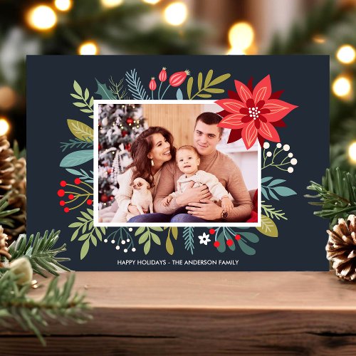 Navy Poinsettia Bouquet Christmas Photo Card