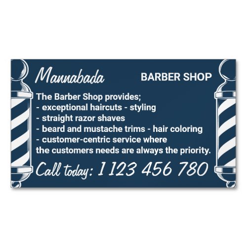 Navy pole barbering on the go barbershop business card magnet