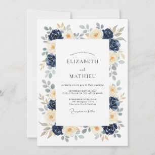 Navy Polished Botanical Wedding Invitation