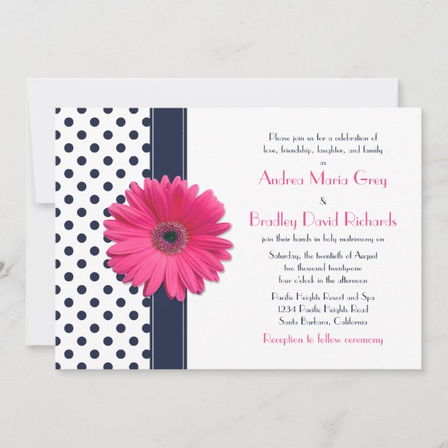 Navy Polka Dot Pink Daisy Wedding Invitation (Front)