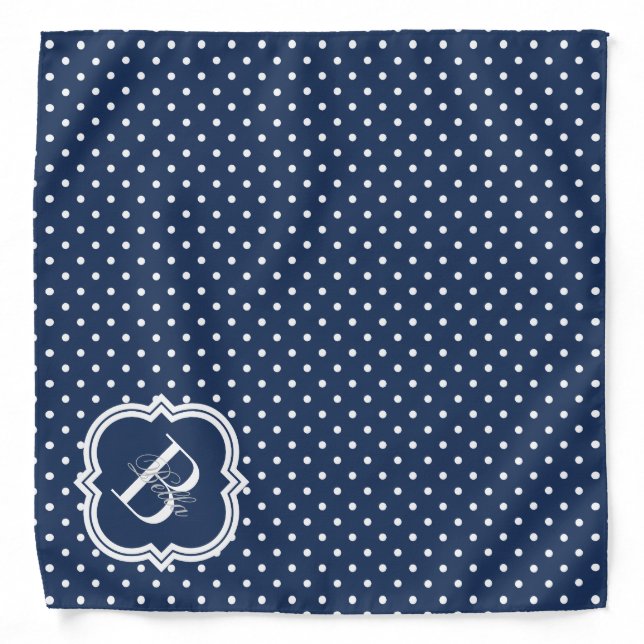 Navy Polka Dot with White Monogram Bandana (Front)