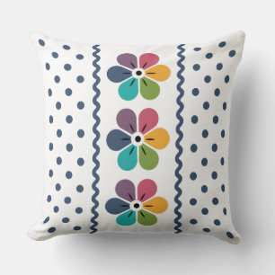 Navy Polka Dots and Flowers Throw Pillow