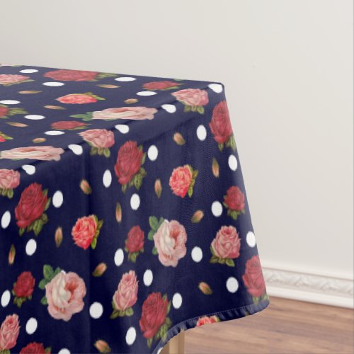 Navy Polka Dots Vintage Roses Fun Elegant Floral Tablecloth