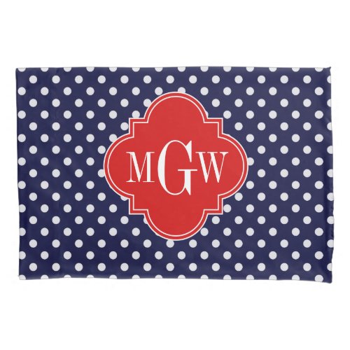 Navy Polka Wht Dots Red Quatrefoil 3 Monogram Pillowcase