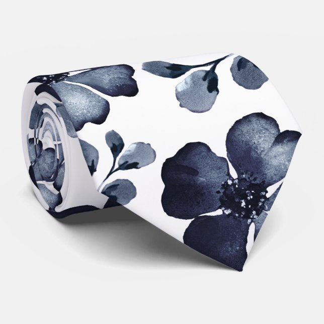 Navy Poppy Dusty Blue Greenery Watercolor Wedding Neck Tie (Rolled)