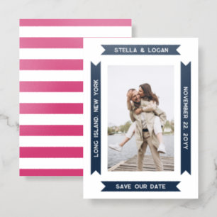 Navy Preppy Ribbons Modern Photo Letterpress Photo Cards