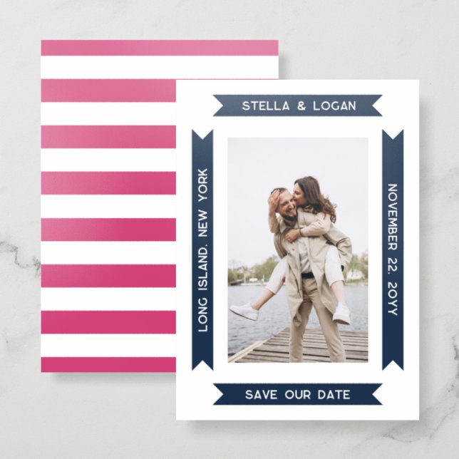 Navy Preppy Ribbons Modern Photo Letterpress Photo Cards (Front/Back)