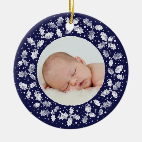 Navy Printed Holly Babys First Christmas Photo Ceramic Ornament