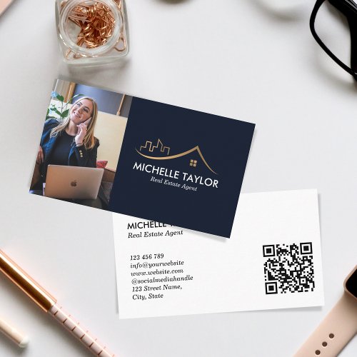 Navy Professional Real Estate Realtor Photo QR Business Card