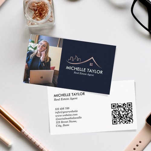 Navy Professional Real Estate Realtor Photo QR Business Card