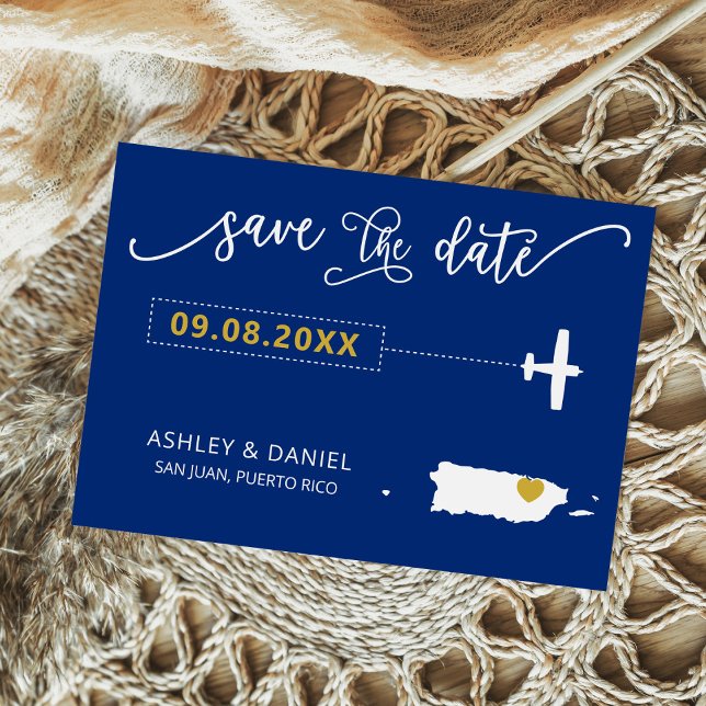 Navy Puerto Rico Wedding Save the Date Map Postcard (Creator Uploaded)