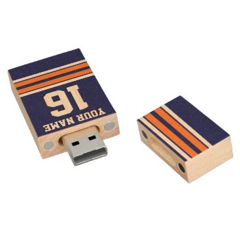 Navy Pumpkin Orange Team Jersey Custom Number Name Wood Usb Flash Drive by FantabulousCases at Zazzle