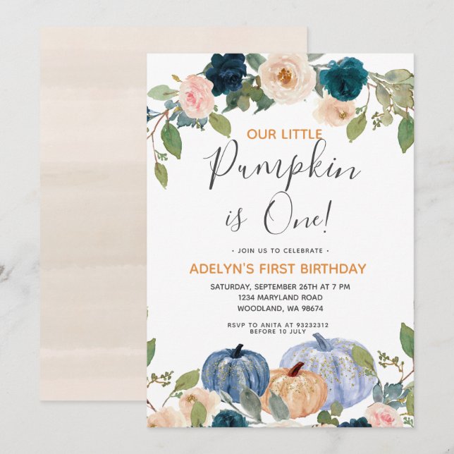Navy Pumpkin Watercolor 1st Birthday Invitation (Front/Back)