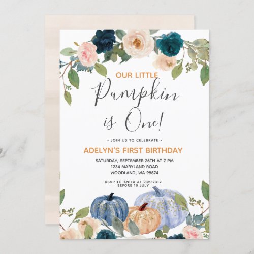 Navy Pumpkin Watercolor 1st Birthday Invitation