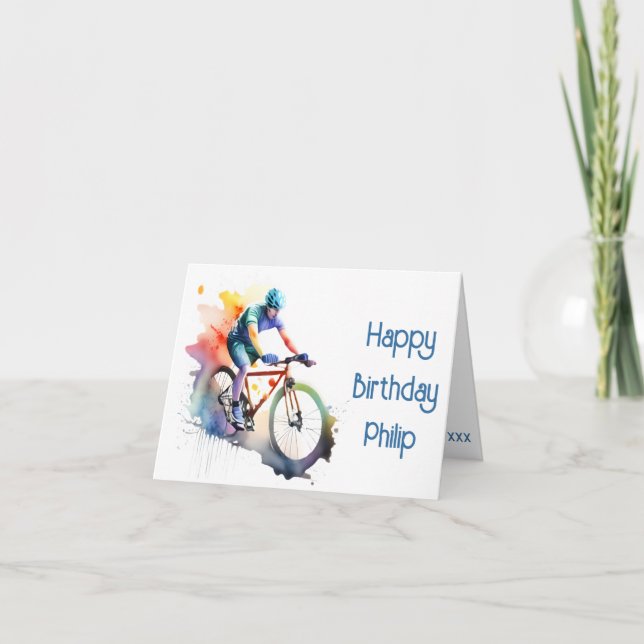 Navy, purple and orange cyclist Birthday Card (Front)