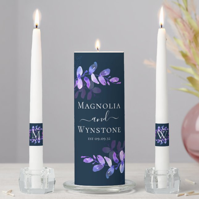 Navy Purple Eucalyptus Monogram Wedding  Unity Candle Set (In Situ)