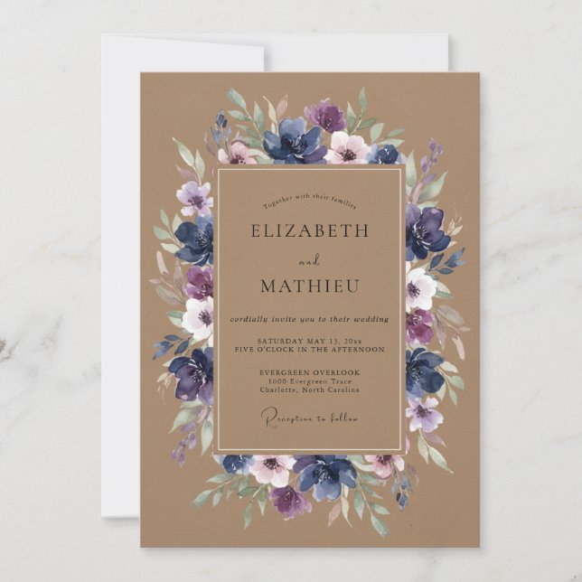 Navy Purple Floral Romance Wedding Invitation (Front)