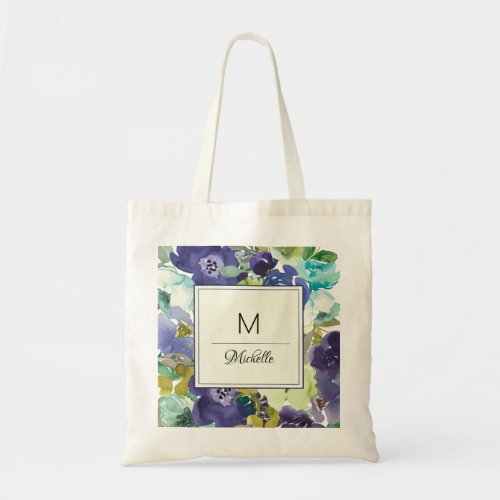 Navy Purple Lemon Yellow Floral Monogram Tote Bag