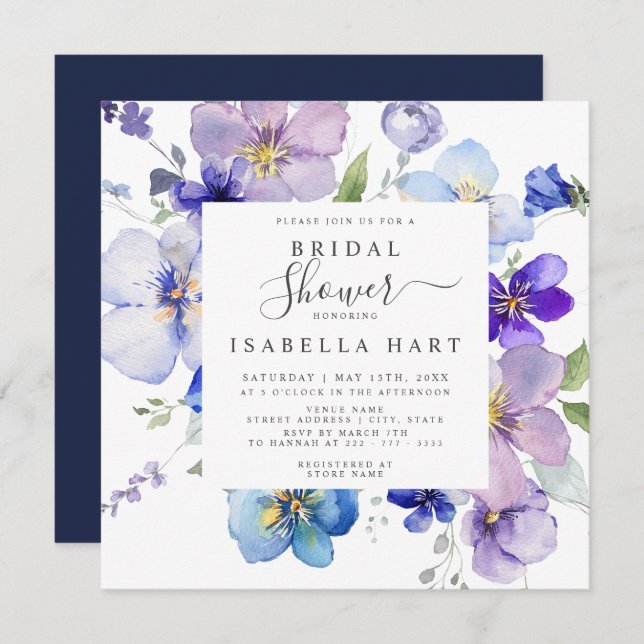 Navy Purple Mauve Pansy Viola Floral Bridal Shower Invitation (Front/Back)
